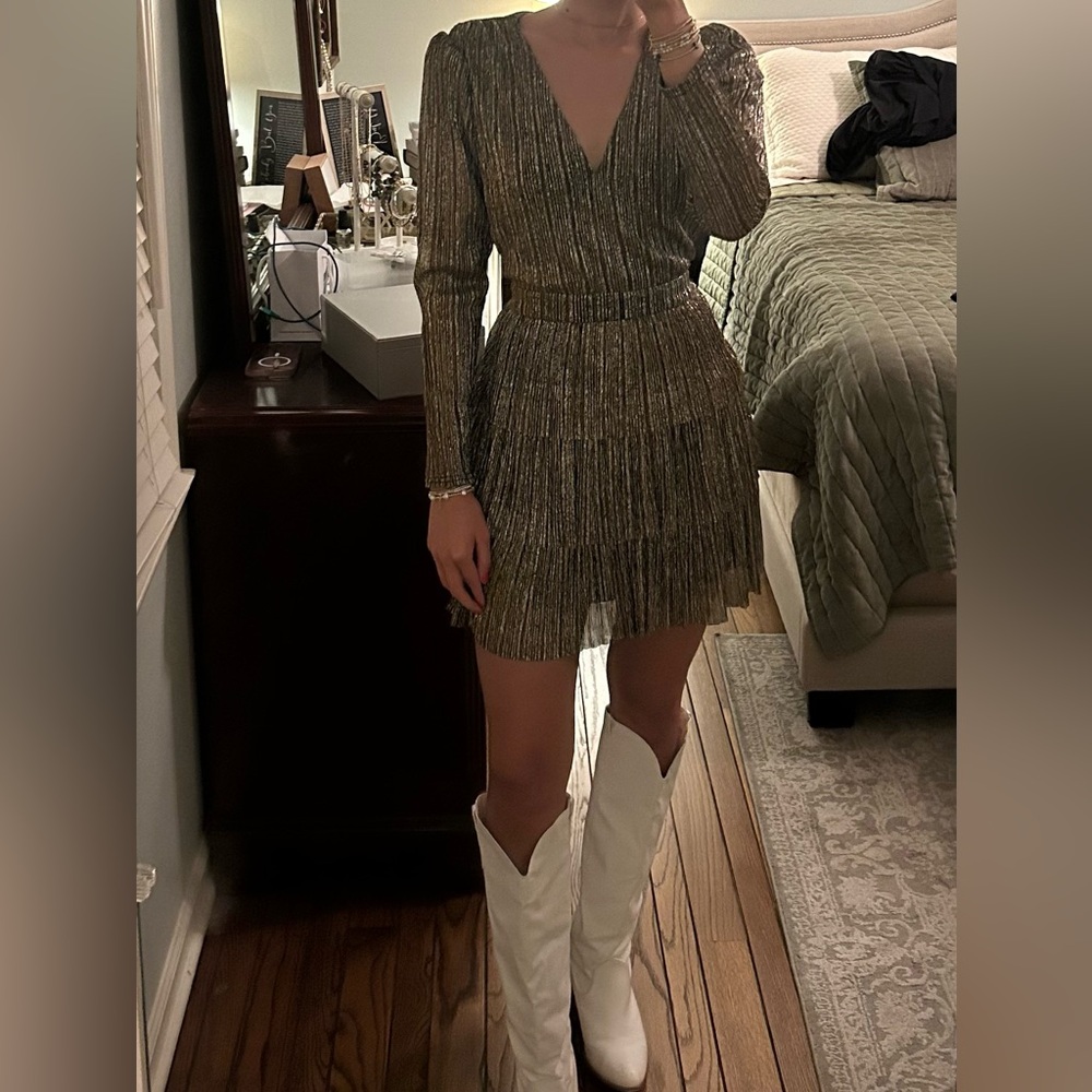 Metallic Gold Long Sleeve V-Neck Mini Dress